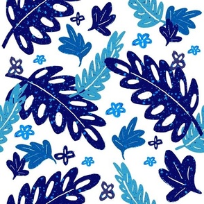 Indigo blue tropical leaf pattern