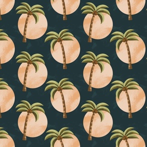 Minimalist Aesthetic Coconut Palm Trees Beach Sunset Pattern With Navy Blue, Sage Green And Earth Tones