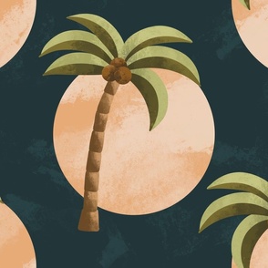 (Large Scale) Minimalist Aesthetic Coconut Palm Trees Beach Sunset Pattern With Navy Blue, Sage Green And Earth Tones