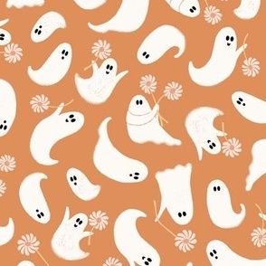 cute Halloween ghosts with flowers on orange - medium size