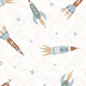 retro rockets flying through space on a cream background - large size