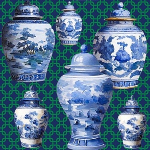 Blue and white chinoiserie jars on blue and green lattice