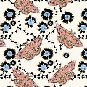 Pink Butterflies blue flowers cream background