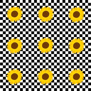 Black and White Sunflower Checkered Flower Pattern