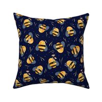 Tossed Bees holding Flowers on Dark Navy Blue || 071036