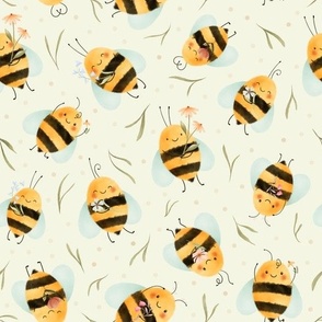 Tossed Bees holding Flowers on Beige|| f4f5e3