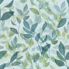 Large Teal Green Leaves on Sky Blue / Watercolor / Botanical