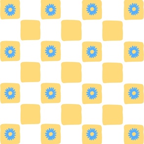 Yellow White Checkered With Blue Flower Pattern