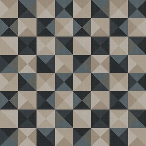Dark and Moody Checker Board Tile Print Black and Beige Patchwork with Linen Texture Small Scale 