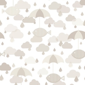 Flying Fish in the Rain - Neutral Colors with White Background - Animals - Surrealist - Surreal - Sky - Kids - Raindrops - Earth Colors - Beige - Nursery - Rain - Clouds - Umbrellas - Storm