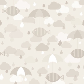 Flying Fish in the Rain - Neutral Colors - Animals - Surrealist - Surreal - Sky - Kids - Raindrops - Earth Colors - Beige - Nursery - Rain - Clouds - Umbrellas - Storm