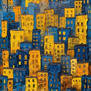 Urban Twilight: Abstract Cityscape in Blue and Yellow