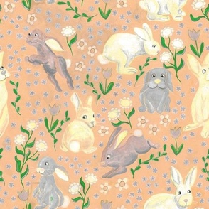 Hand-painted Easter Bunnies & Flowers for Springtime in Mandy Pink Orange