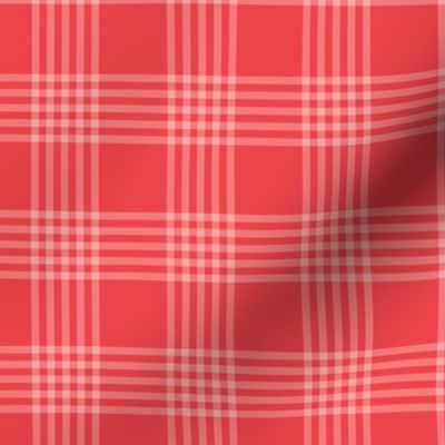 Medium scale / Pastel plaid 5 thin lines on bright red / Warm light pale rose and rich deep jewel scarlet gingham checks / simple classic vichy caro stripes / 60s 70s modern fun bold Christmas blender