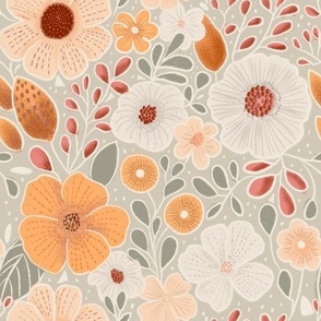 (M scale) Hand drawn flowers in peach, terracotta, creme and sage green, natural feel. 