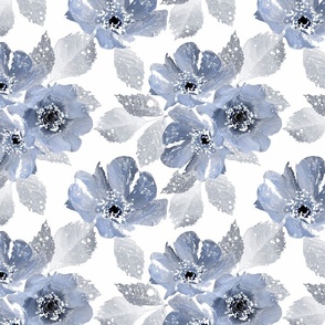 Delicate retro floral pattern. Delicate light blue flowers with gray leaves on a white background.