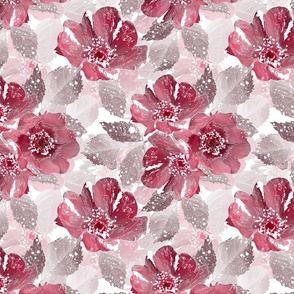 Monochrome retro floral pattern. Pink-red flowers flowers with gray leaves on a white, light brown background.