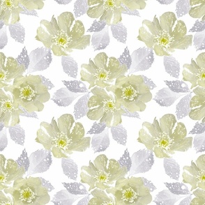 Delicate retro floral pattern. Light green, mint flowers on light with gray leaves on a white background.