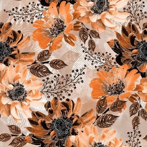 Bright retro floral pattern. Orange, brown flowers on a beige background.