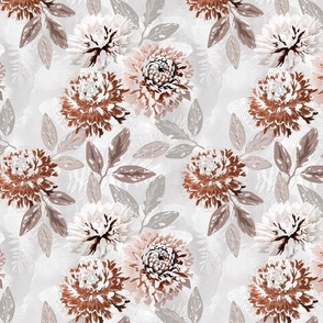 Monochrome retro floral pattern. Delicate peach, brown flowers on a light gray-white background.