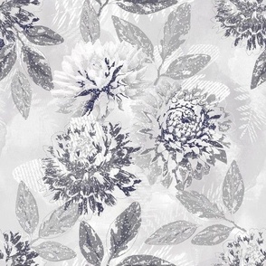 Monochrome retro floral pattern. White, gray flowers on a light gray background.