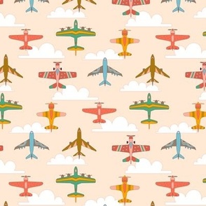 Vintage Airplanes in 70s Colors - Cream Cloudy Sky - Small Scale