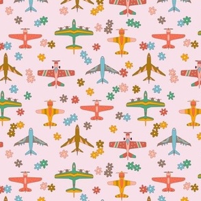 Vintage Airplanes in 70s Colors - Blush Daisy Field  - Small Scale