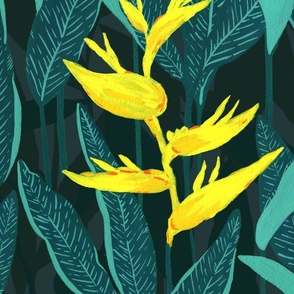 Large Moody Tropical Jungle Forest Night Yellow Heliconia with Dulux Cruel Sea Dark Green Background