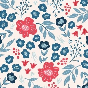 Red, White and Blue Floral Coastal Flowers on a White Background