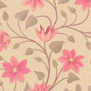 Watercolor Flowers Trailing Clematis Vine Hot Pink on Warm Beige - Large