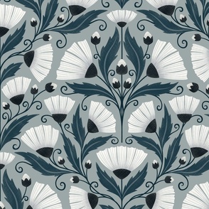arts and crafts wildflowers - floral - off white / dark teal / dusty blue background  (large)