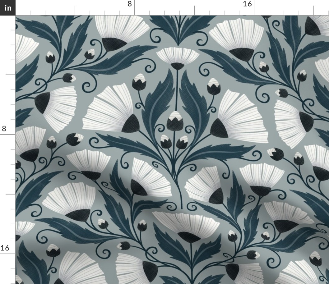 arts and crafts wildflowers - floral - off white / dark teal / dusty blue background  (large)