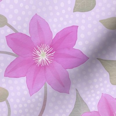 Watercolor Flowers Trailing Clematis Vine Violet Pink on Lilac - Large