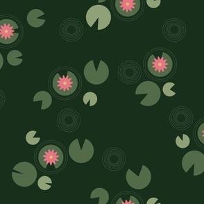 Lily Pad and The Pink Lotus Flower on Dark Green