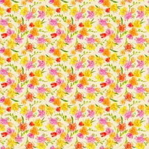 Small Stylised Watercolor Bright and Fresh  Freesias in Pink, Yellow, Orange  with Dulux  Spanish Cream Quarter Light Apricot Background