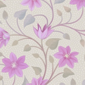 Watercolor Flowers Trailing Clematis Vine Lilac on Warm Gray - Large