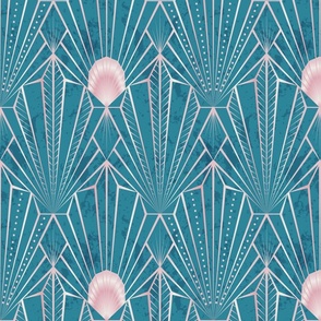 The New Twenties - Modern Art Deco Shells Metallic pink on teal