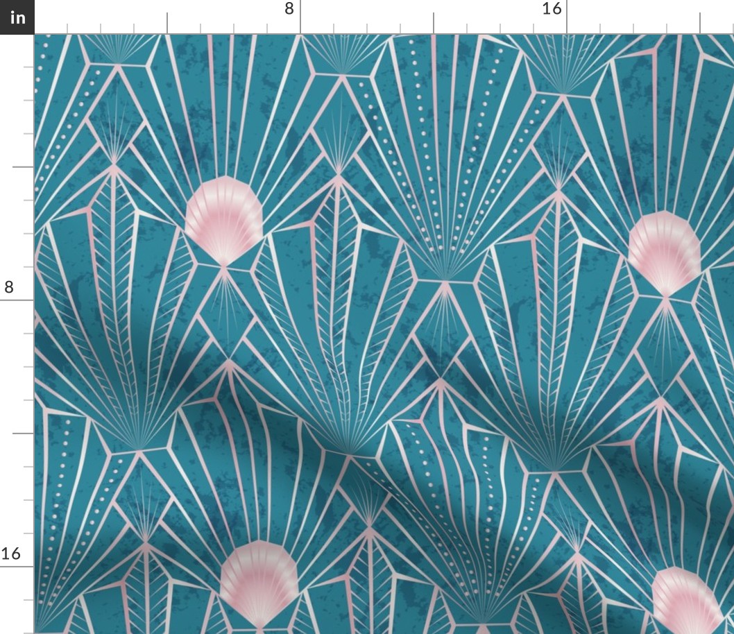 The New Twenties - Modern Art Deco Shells Metallic pink on teal