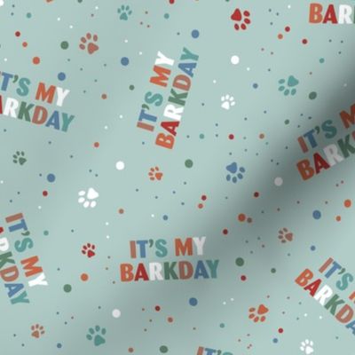 Colorful rainbow barkday design with confetti paws and happy birthday text for dogs on soft teal LARGE