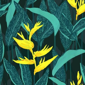 Medium Moody Tropical Jungle Forest Night Yellow Heliconia with Dulux Cruel Sea Dark Green Background