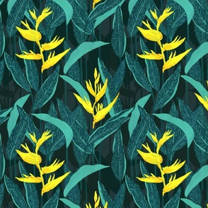 Small Moody Tropical Jungle Forest Night Yellow Heliconia with Dulux Cruel Sea Dark Green Background