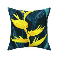 Large  Moody Tropical Jungle Forest Night Yellow Heliconia with Dark Teal Green Blue Background