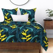 Large  Moody Tropical Jungle Forest Night Yellow Heliconia with Dark Teal Green Blue Background