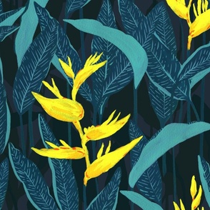 Medium Moody Tropical Jungle Forest Night Yellow Heliconia with Dark Teal Green Blue Background
