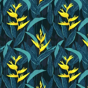 Small  Moody Tropical Jungle Forest Night Yellow Heliconia with Dark Teal Green Blue Background