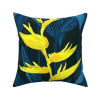 Large Moody Tropical Jungle Forest Night Yellow Heliconia with Blue Background