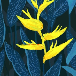 Large Moody Tropical Jungle Forest Night Yellow Heliconia with Blue Background