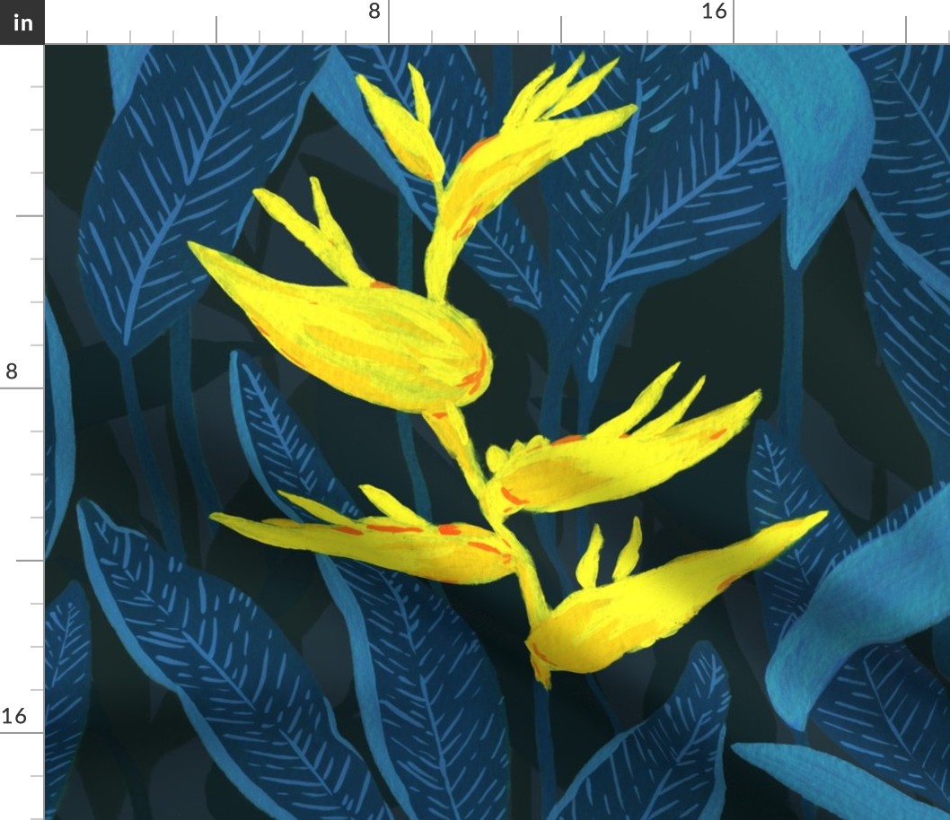 Large Moody Tropical Jungle Forest Night Yellow Heliconia with Blue Background