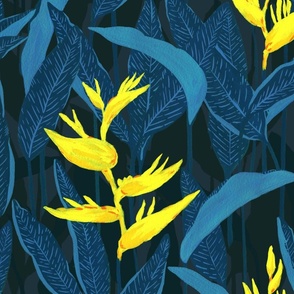 Medium Moody Tropical Jungle Forest Night Yellow Heliconia with Blue Background