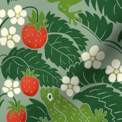 Frogs And Wild Strawberries On Pale Green